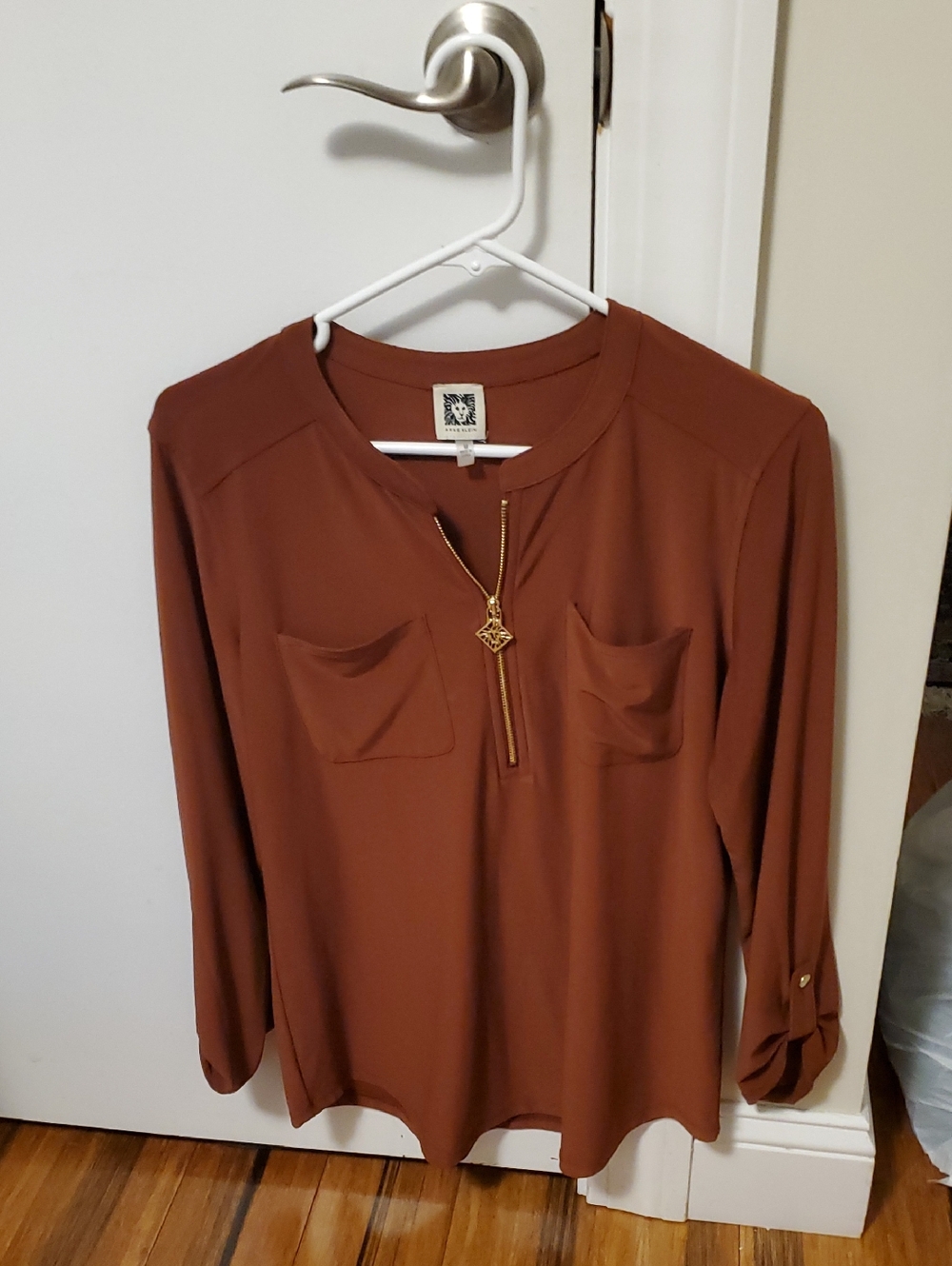 Womens Long-Sleeve Zip Front Pocket Top - Rust